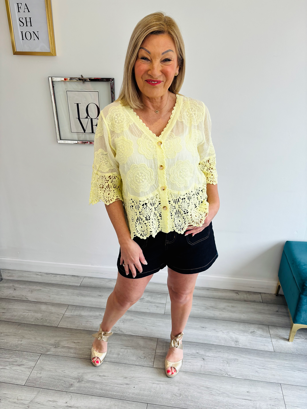 Thumbnail: The Boho Bloom Crochet Cardigan - Lemon 