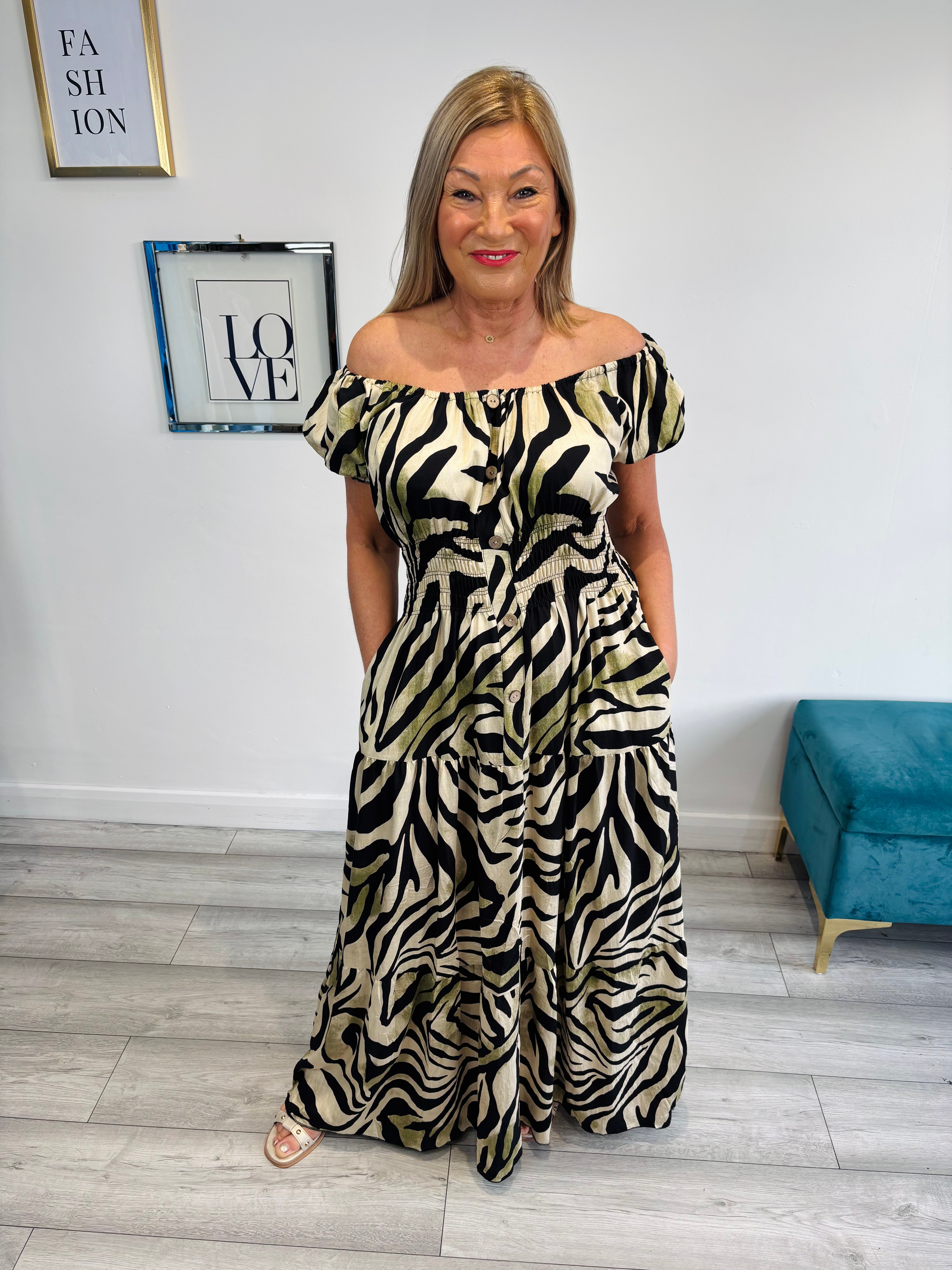 Sasha Bardot Maxi Dress - Khaki Animal