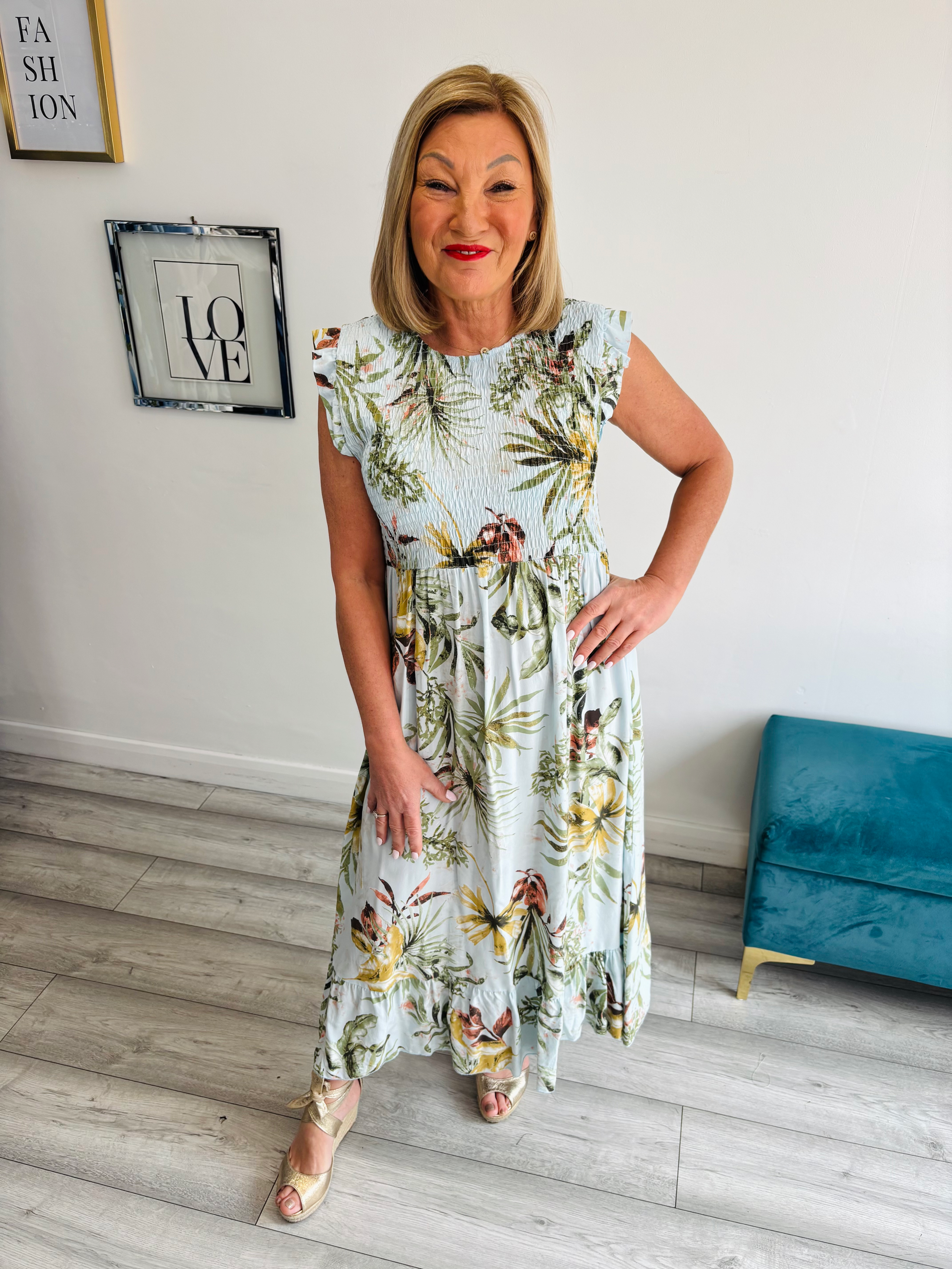 Delilah Tropical Shirred Midi Dress - Pale Blue