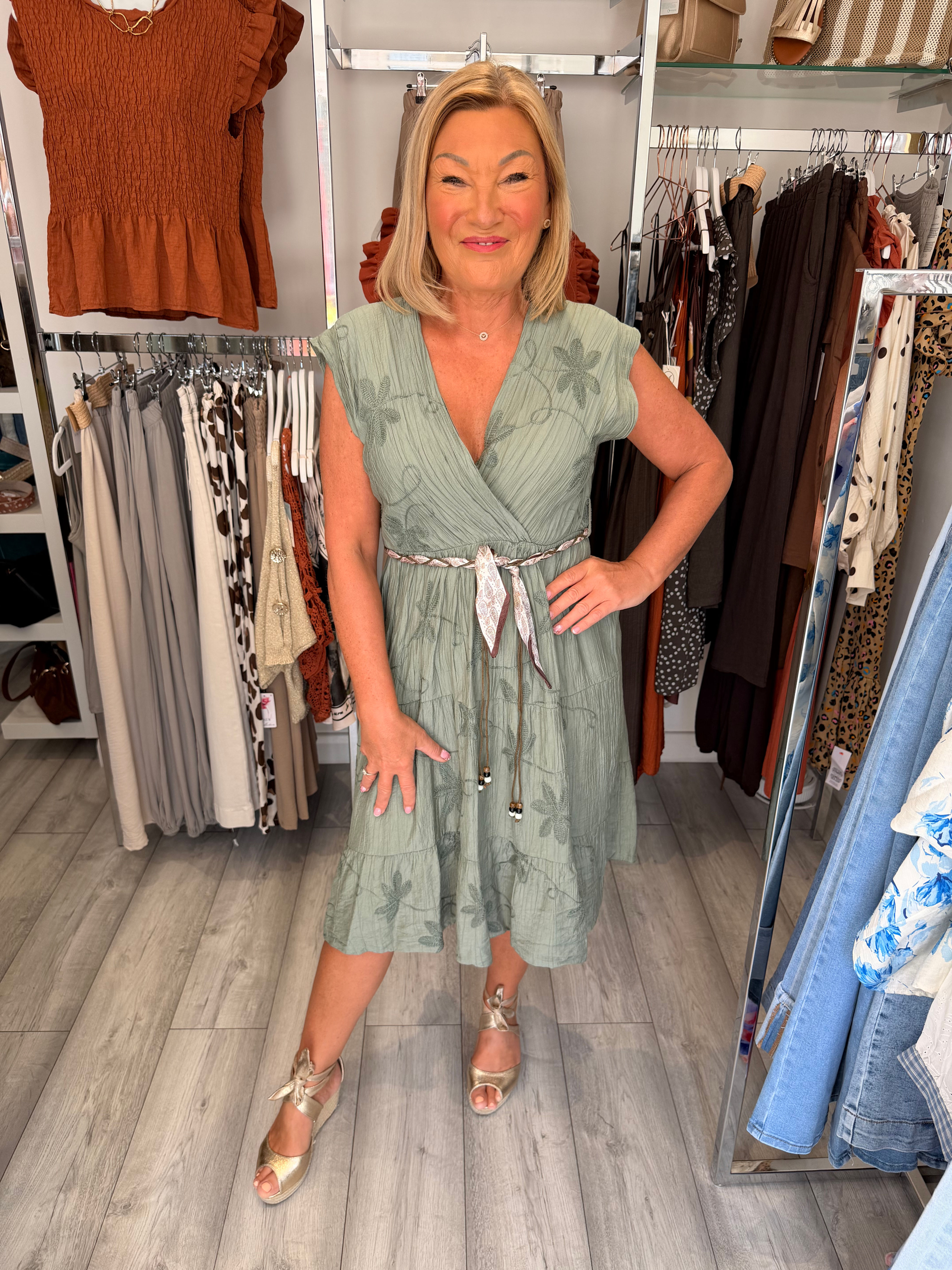 Amelia Satin Belt Dress - Khaki