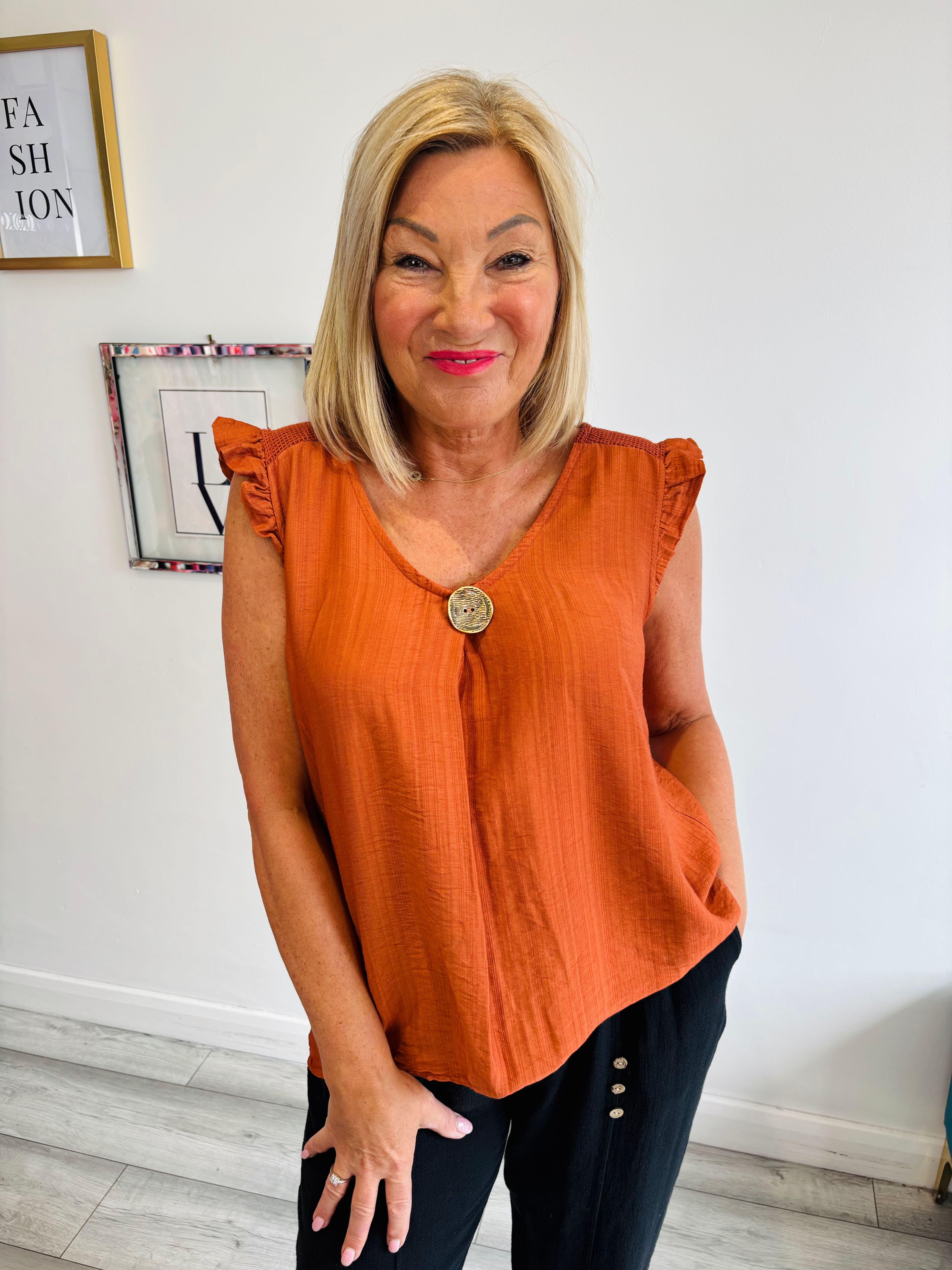 Gigi Button Mesh Top - Rust