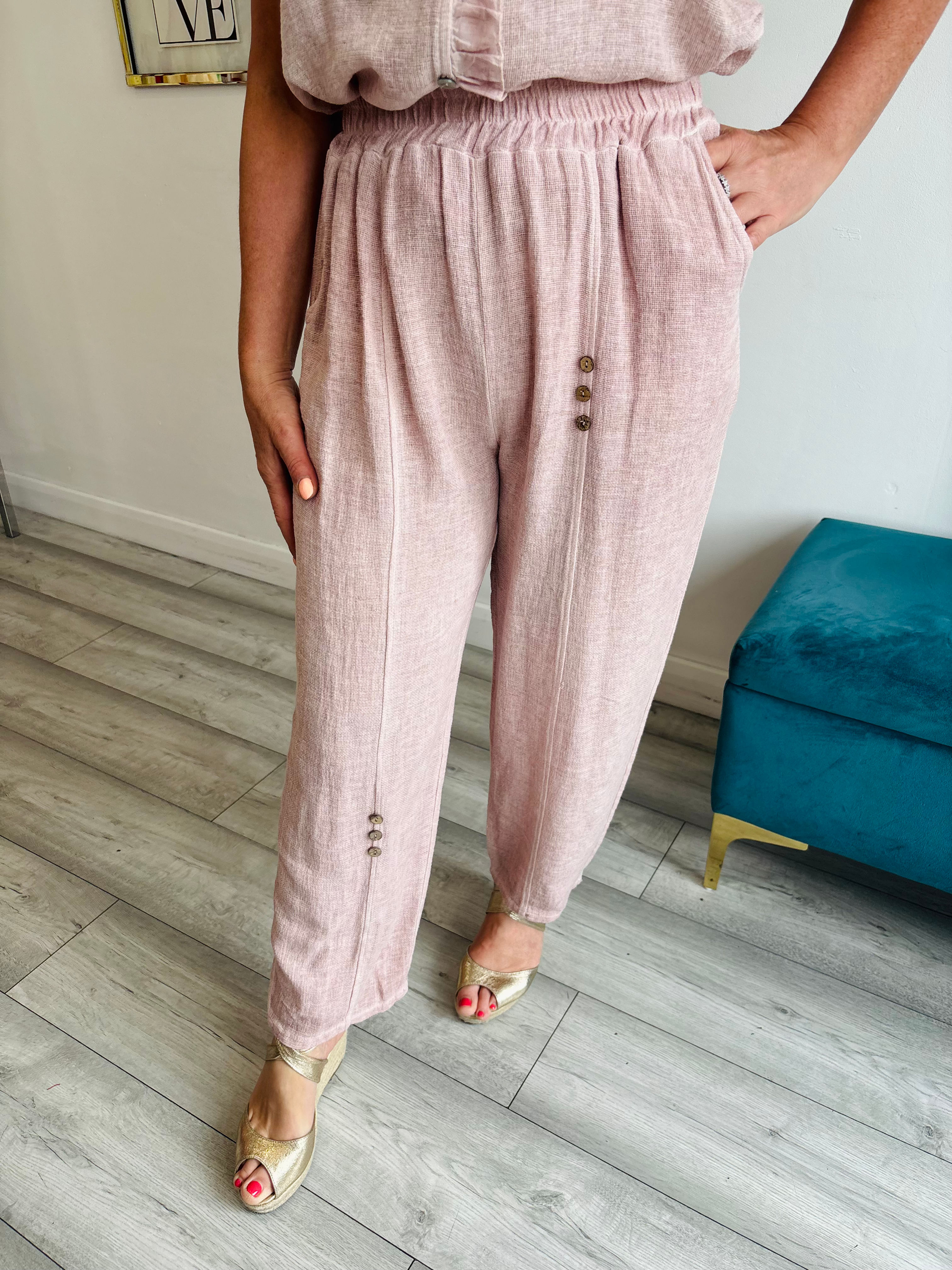 The Coastal Linen Blend Wide Button Trousers - Pink
