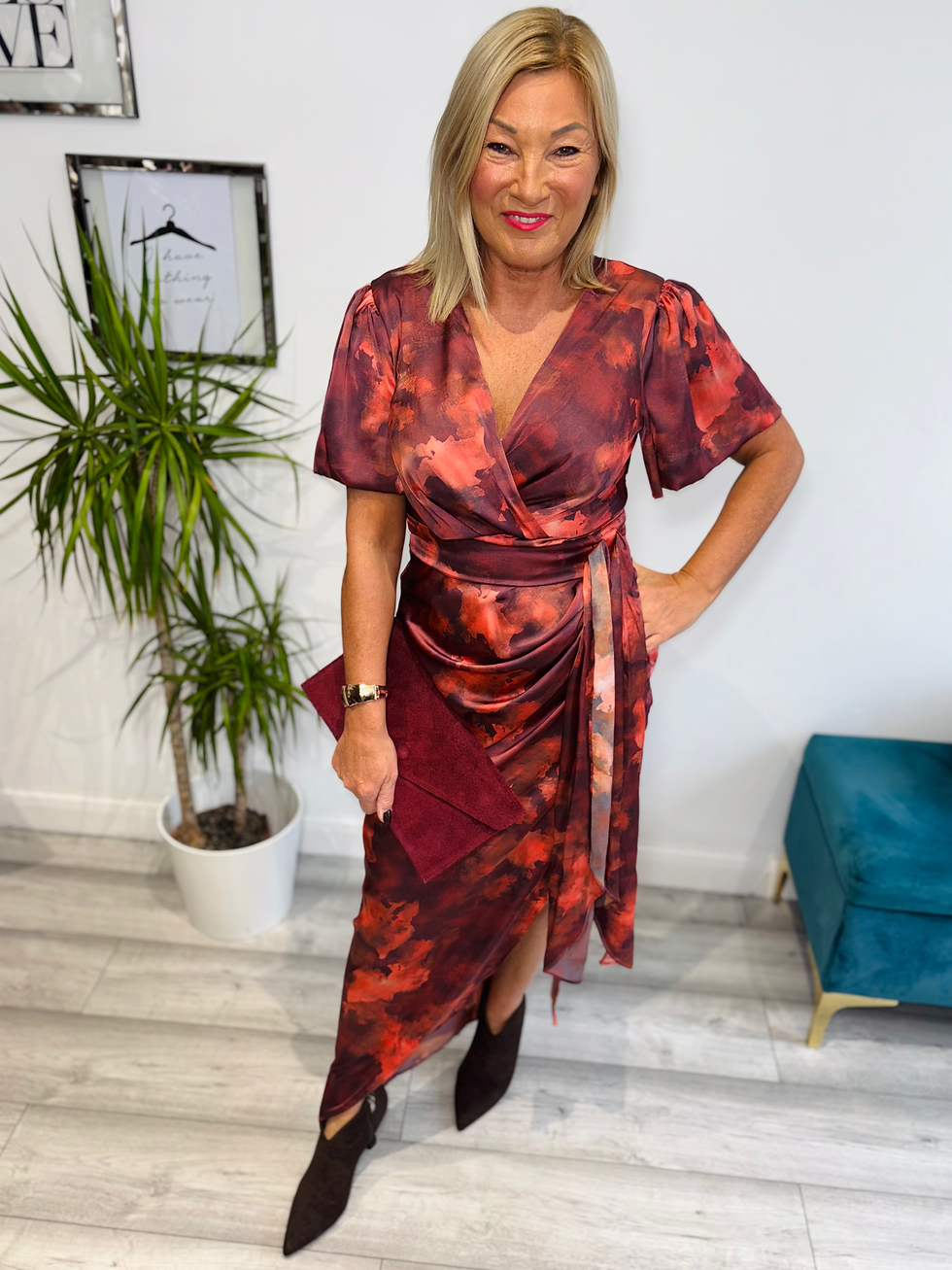 Drew Wrap Front Midi Dress - Orange Marble