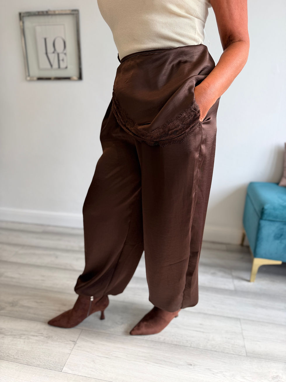 Thumbnail: The Satin Lace Detail Trousers - Chocolate