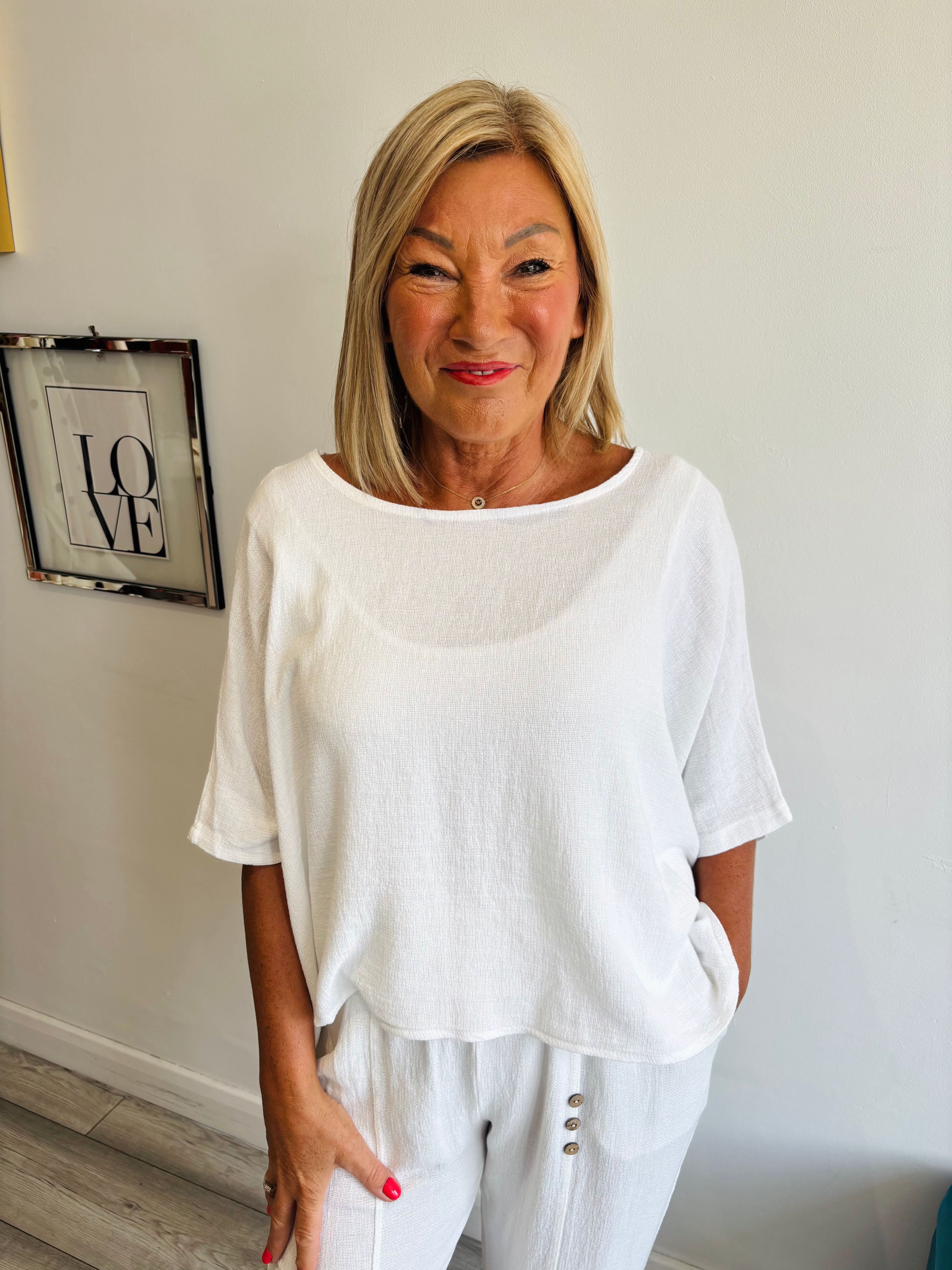 The Coastal Linen Blend Button Back Top - White