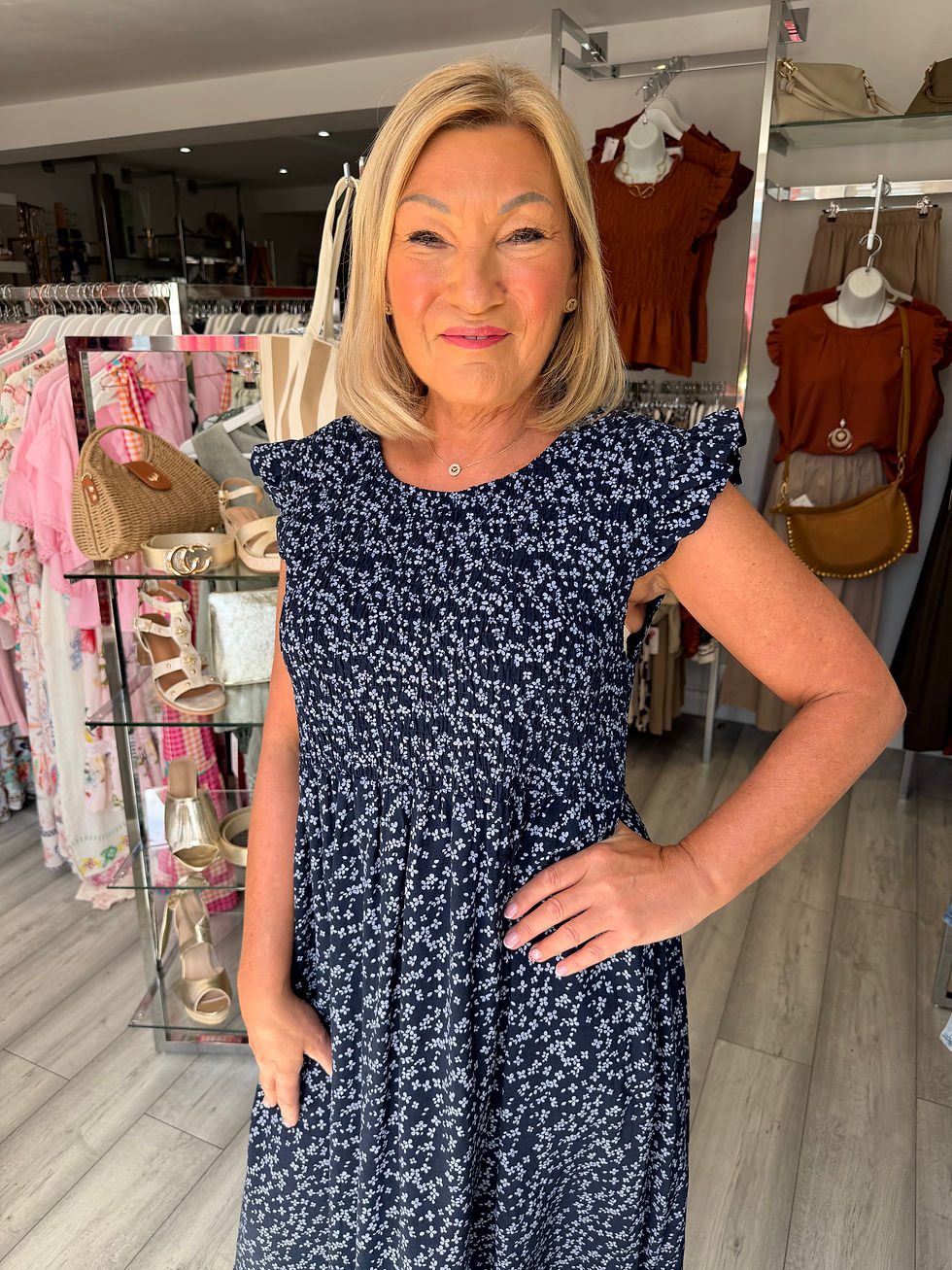 Thumbnail: Delilah Ditsy Shirred Midi Dress - Navy