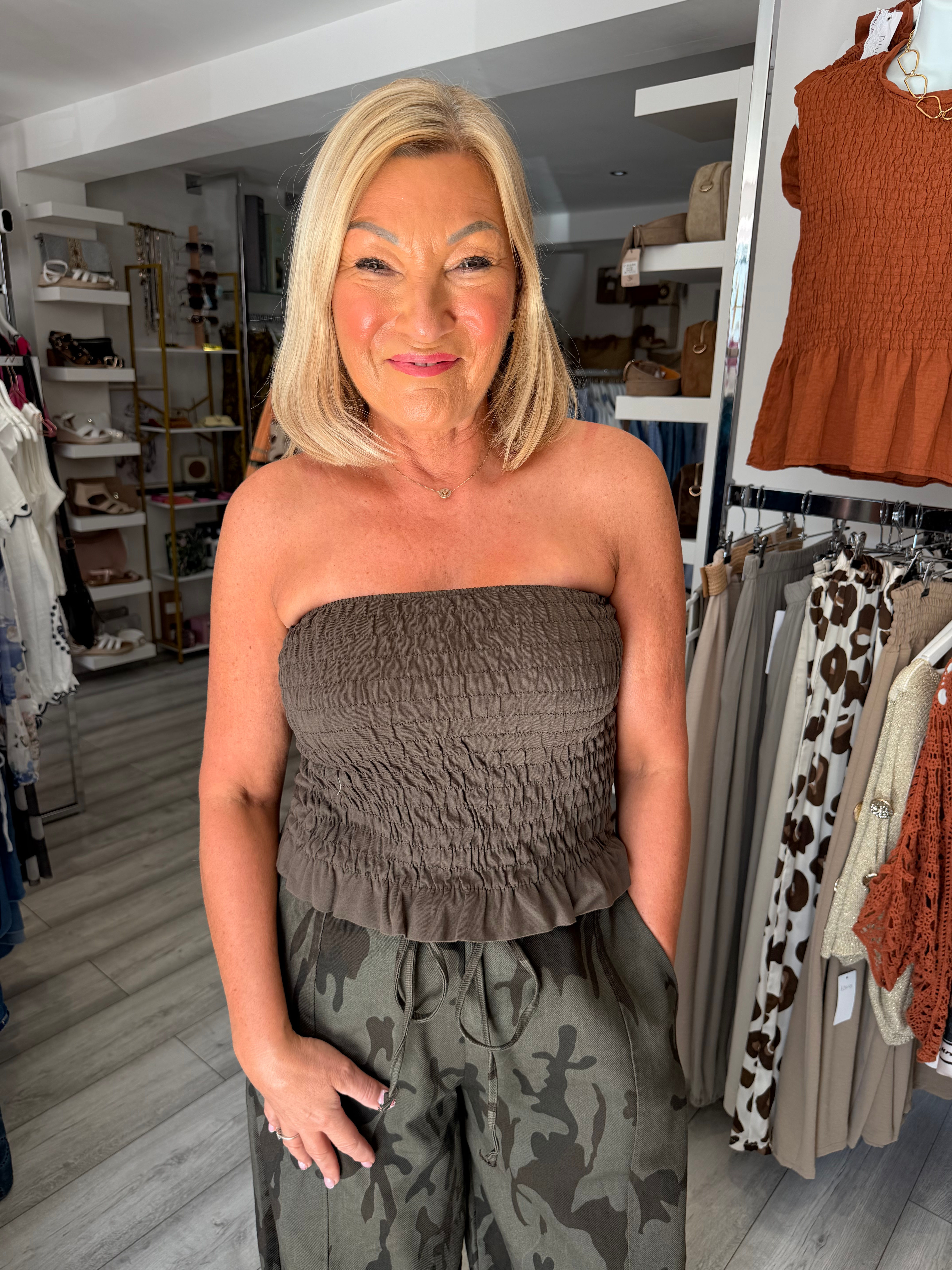 The Nyla Shirred Bandeau Top - Chocolate