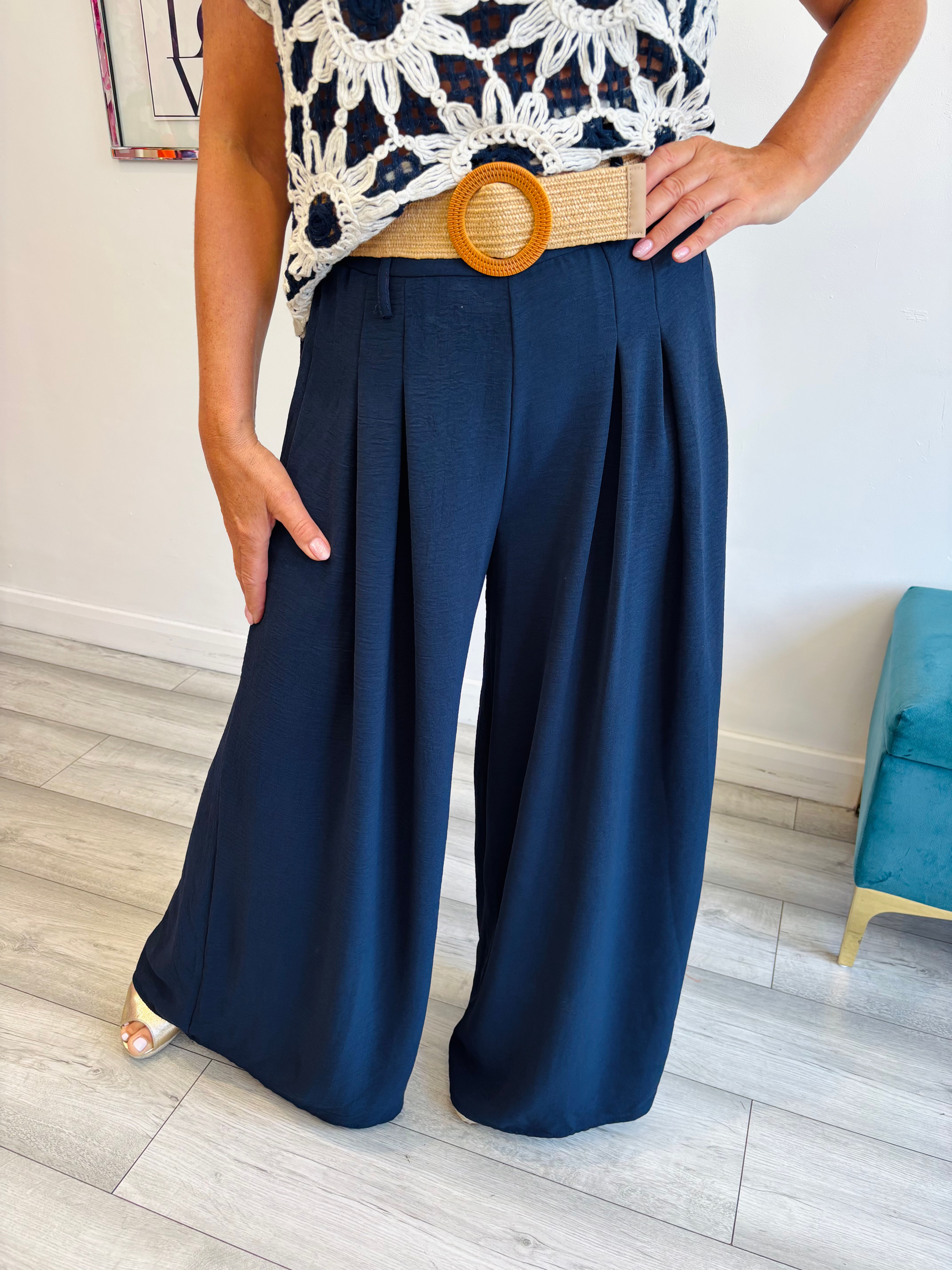 Belted Wide Leg Pleat Trousers - Navy
