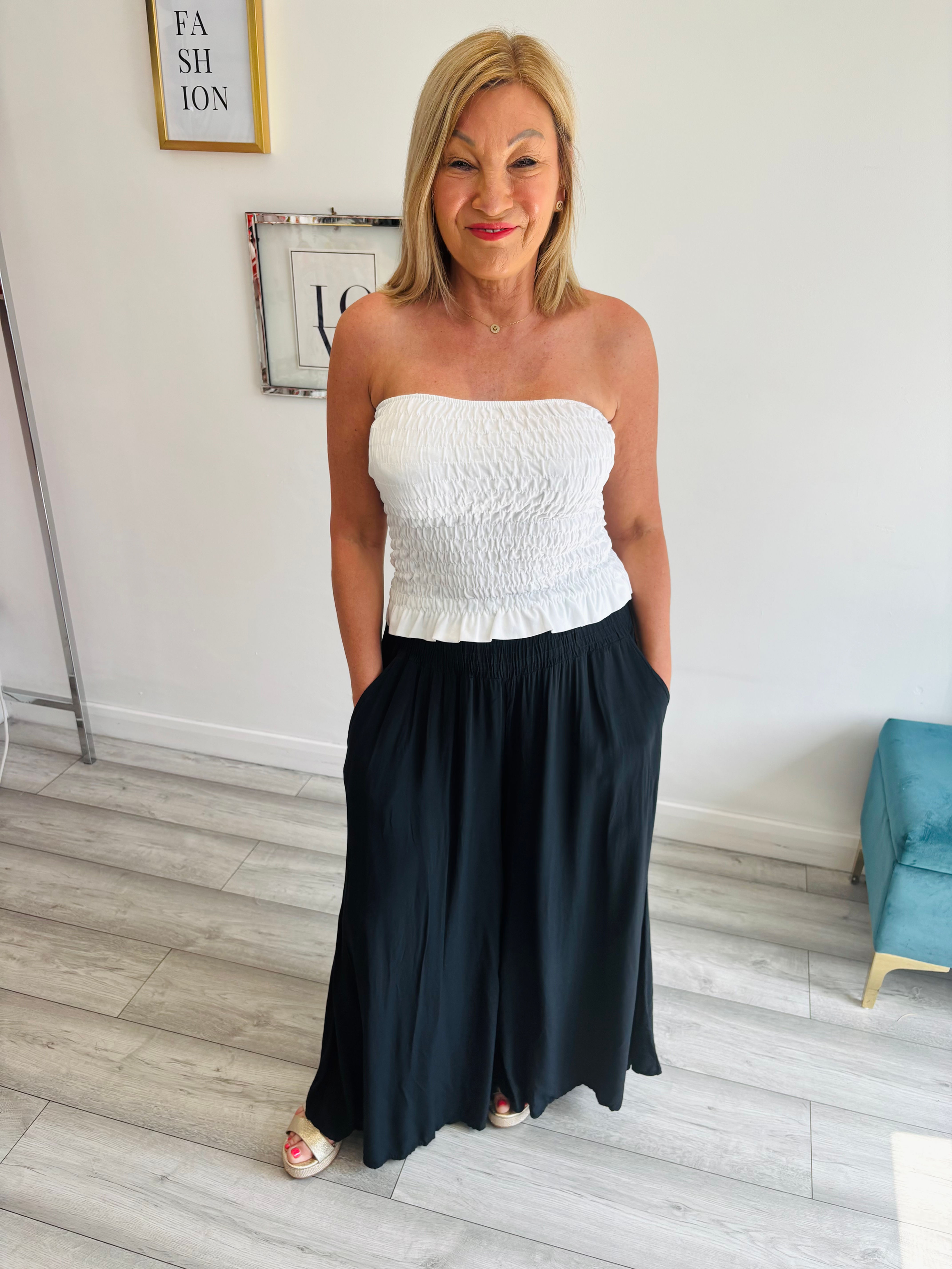 Shirred Waist Wide Leg Culottes - Black