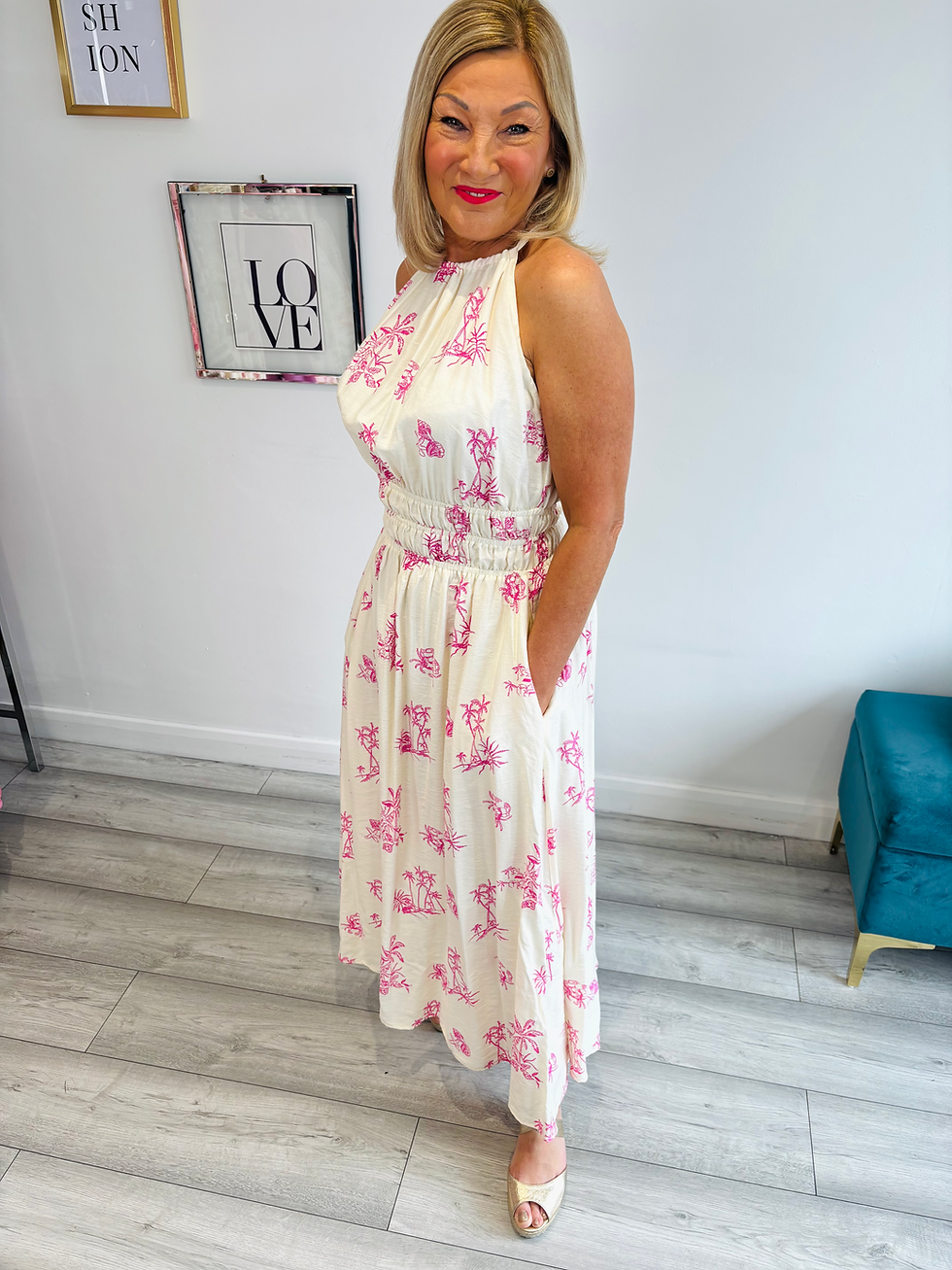 Thumbnail: Pink And Cream Halter Shirred Waist Dress