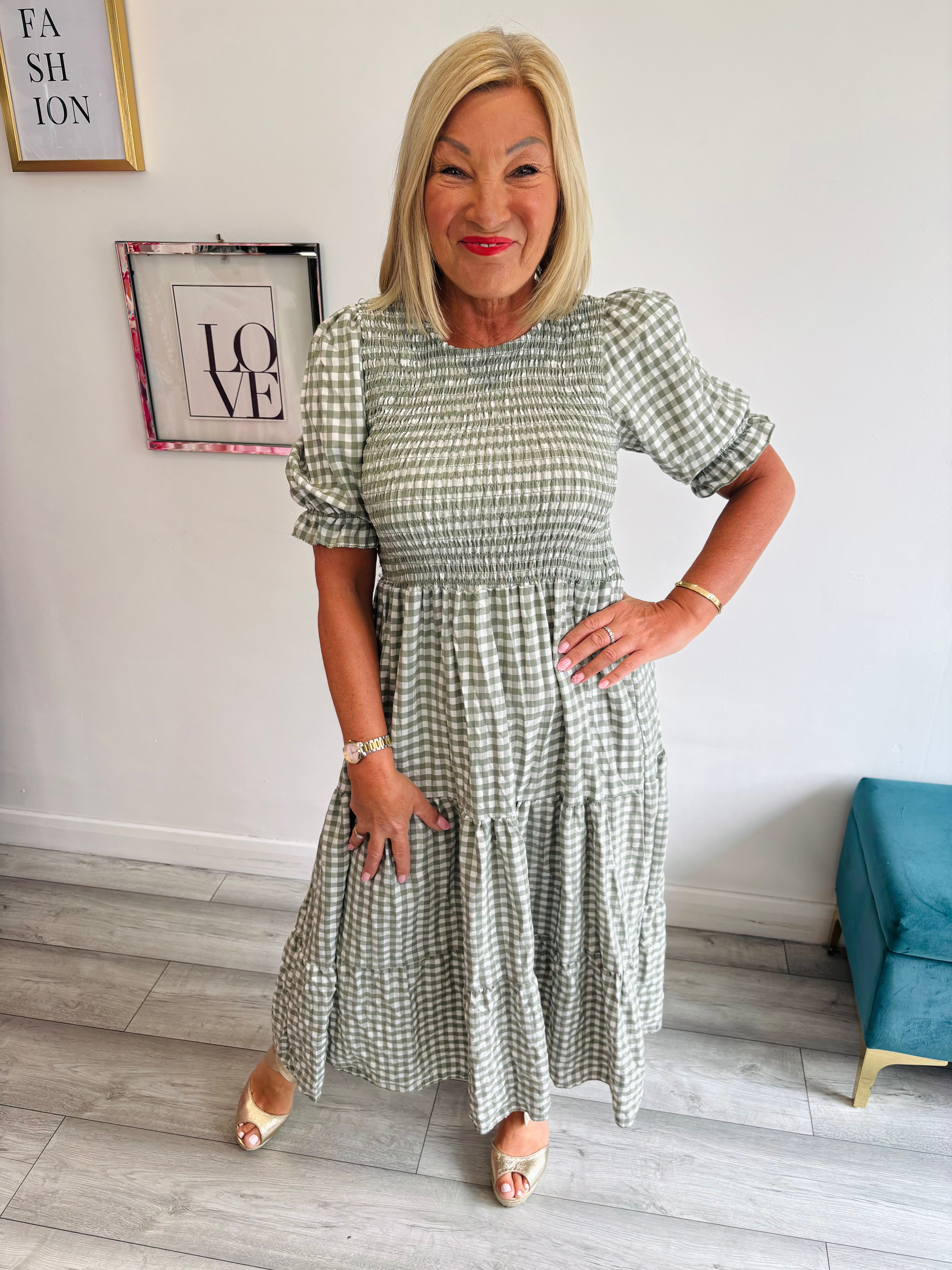 Gingham Shirred Dress - Khaki