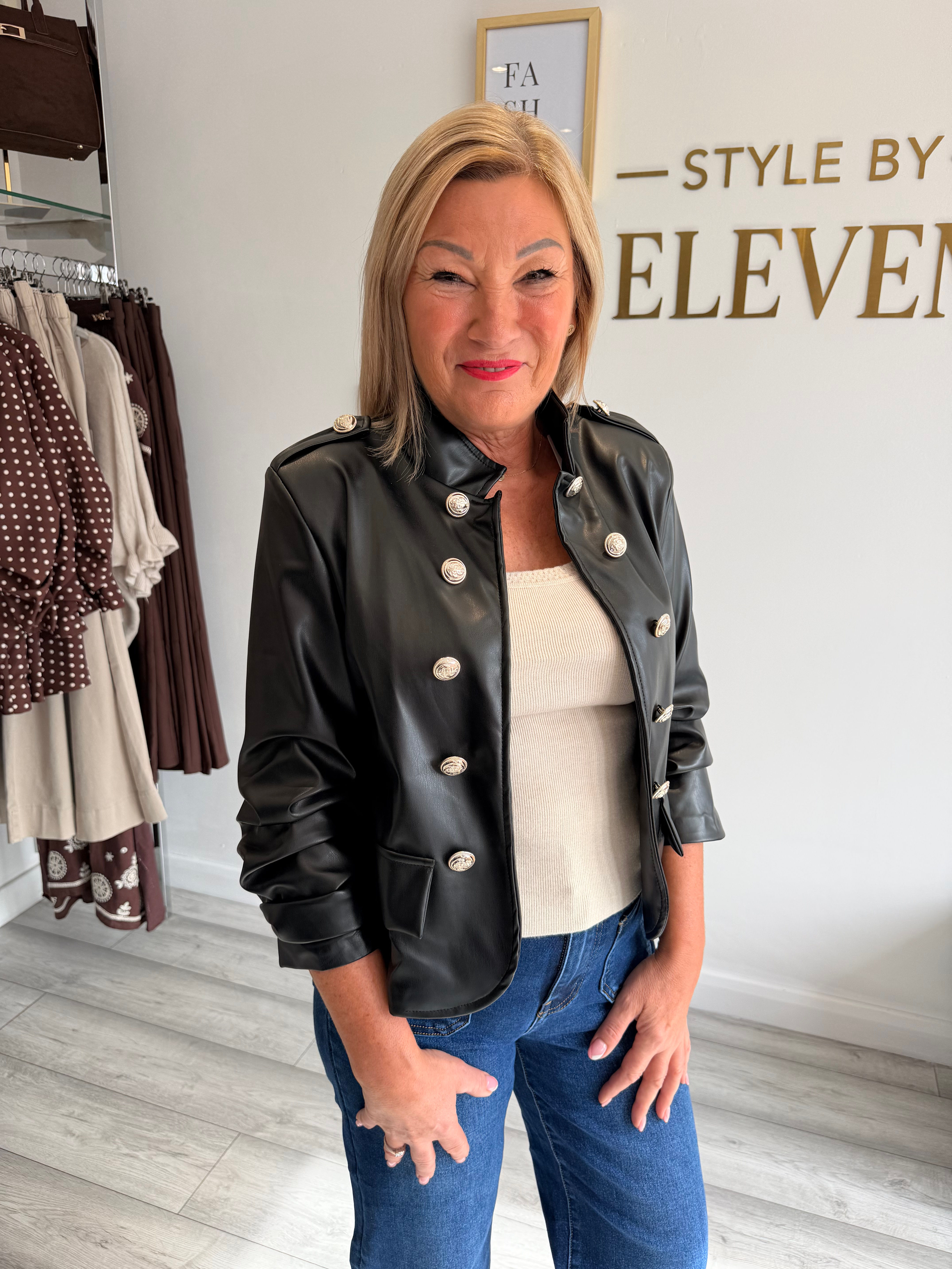 Harper Ruched Sleeve Leatherette Jacket - Black