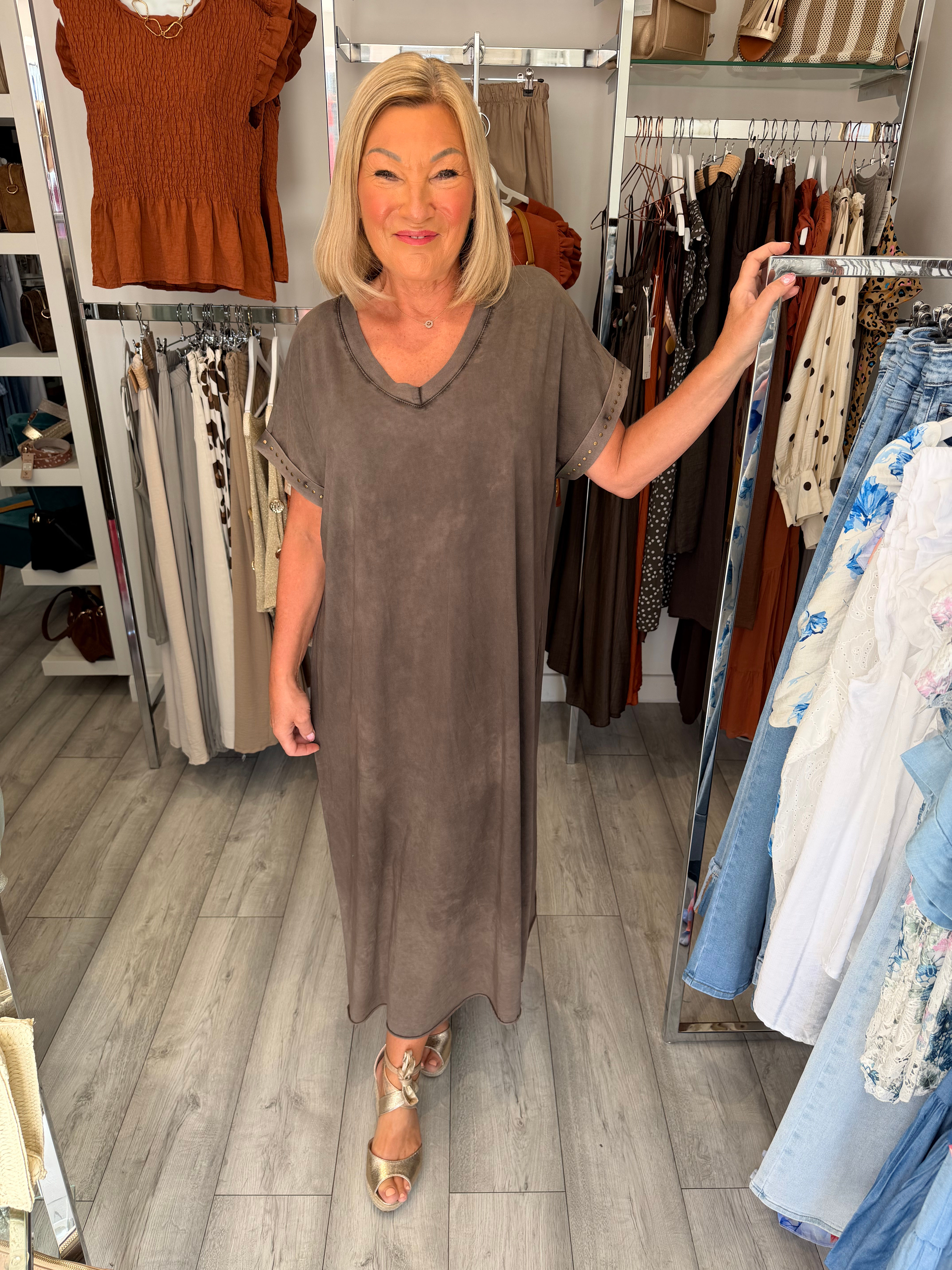 Studded T-shirt Dress - Mocha