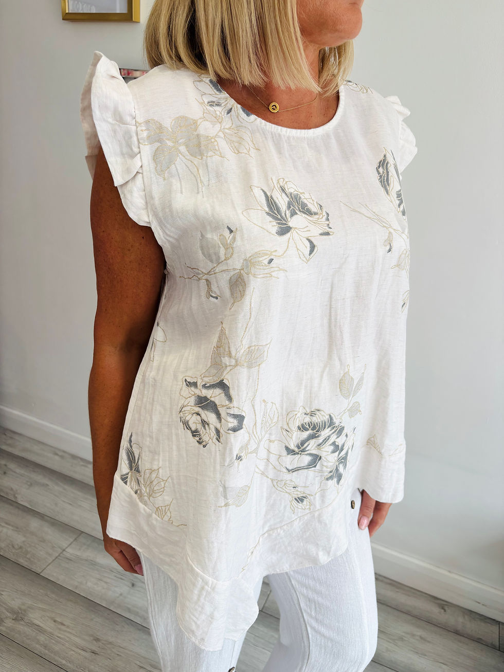 Thumbnail: Floral Frill Asymmetrical Top - White 