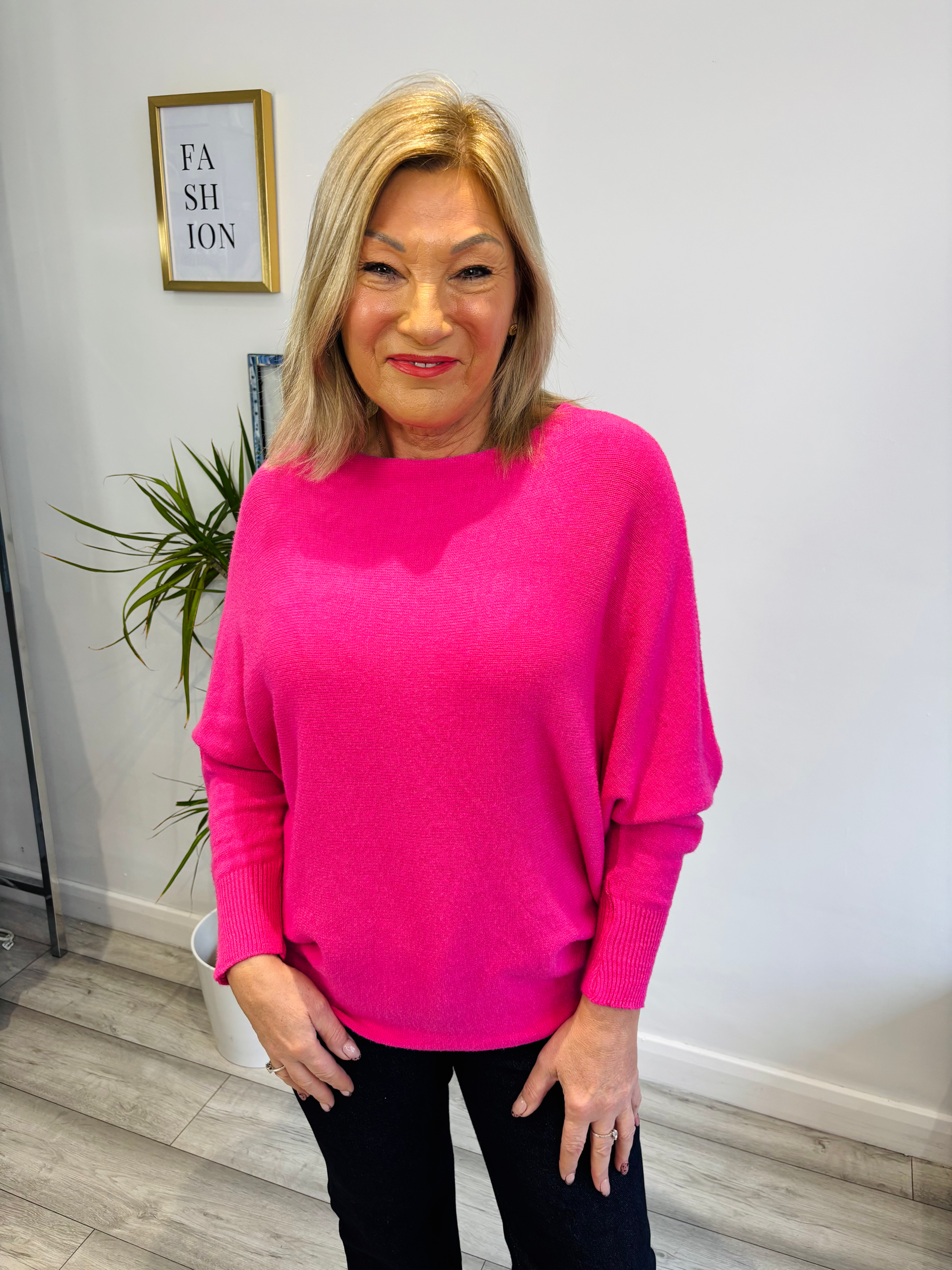 Slouch Batwing Knit Jumper - Bright Pink