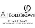 Boldbrows logo with stylized 'B' forming an artistic symbol above text. A geometric triangle is placed to the left the logo. Below 'Clare May' is written in uppercase letters, followed by a unique certification code.