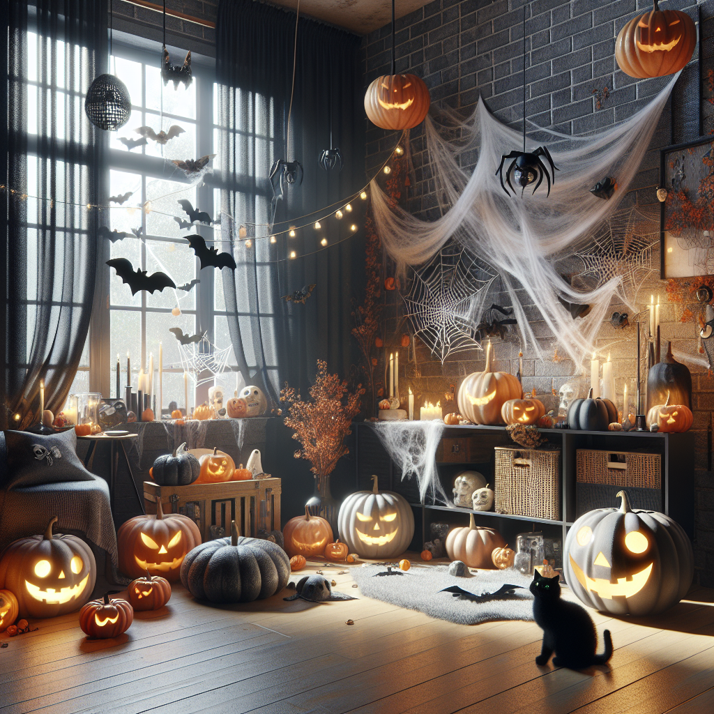 Spooky mirror decorated with fake spiderwebs and spiders
