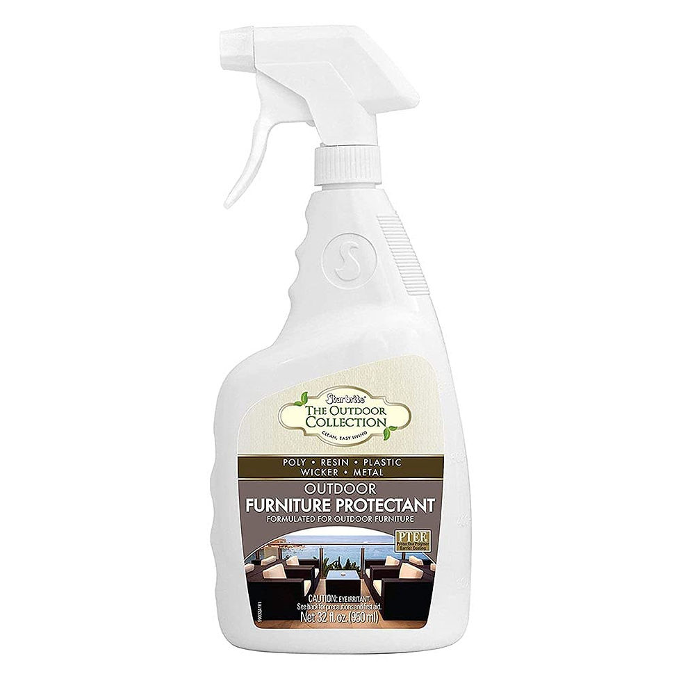 White spray bottle labeled "The Outdoor Collection, Outdoor Furniture Protectant" for poly, resin, plastic, wicker, metal. 32 oz.