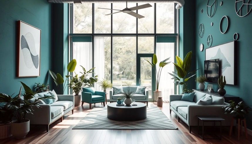 A modern interior space featuring a harmonious blend of deep teal and soft mint green accents, showcasing sleek furniture, lush indoor plants, and artistic decor. Natural light filters through large windows, illuminating textured walls that incorporate organic shapes and patterns, creating a serene and refreshing atmosphere ideal for 2025 design trends.