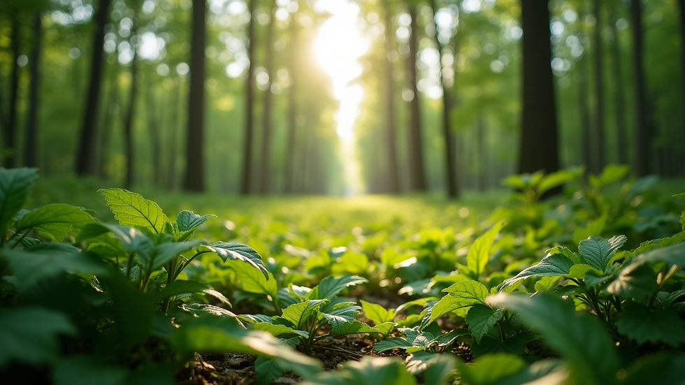 Eye-level view of a lush green forest with sunlight filtering through the leaves