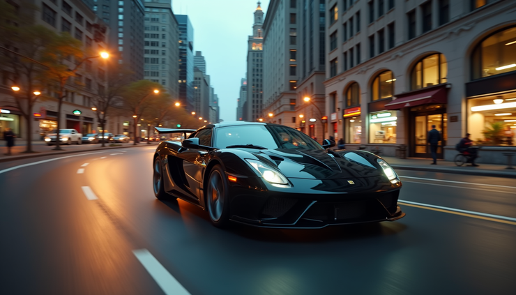 Eye-level view of a sleek black sports car speeding through a city street at dusk