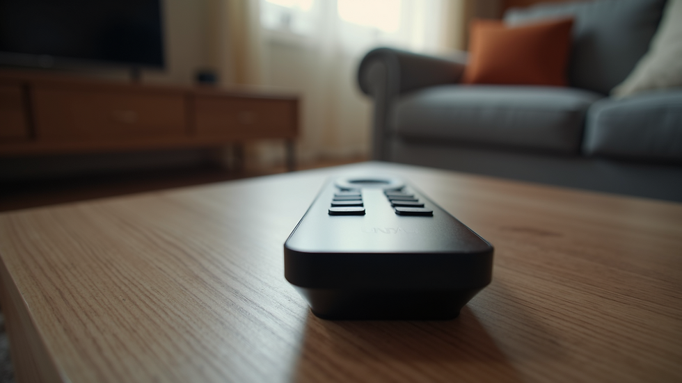 Remote on a wooden table in a cozy living room with a TV and gray sofa. Soft lighting and orange pillow create a warm atmosphere.