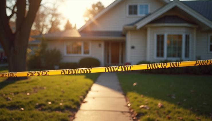 Eye-level view of a suburban house with police tape around the entrance