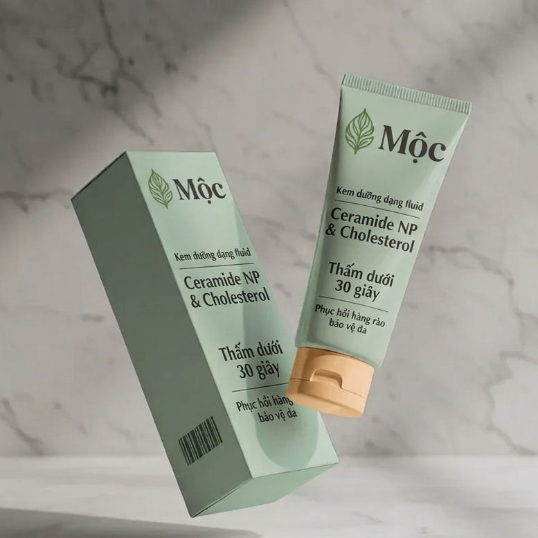 Bộ hộp và tuýp kem dưỡng fluid Mộc phục hồi da trên nền đá cẩm thạch.
