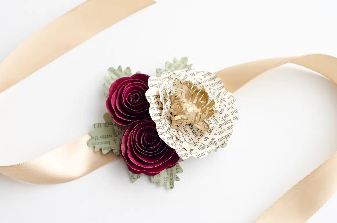 book page flower wrist corsage for mothers, flower girl and bridal attendant