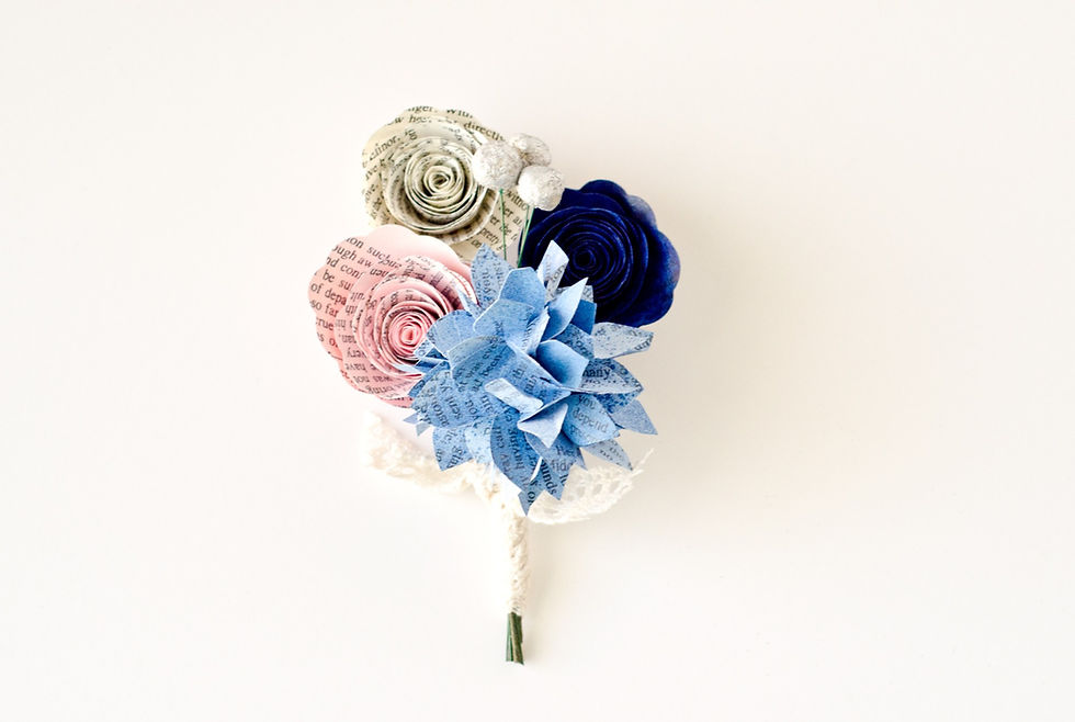 Thumbnail: Spa blue, navy and pink lapel boutonniere with roses, hydrangea and brunia berries