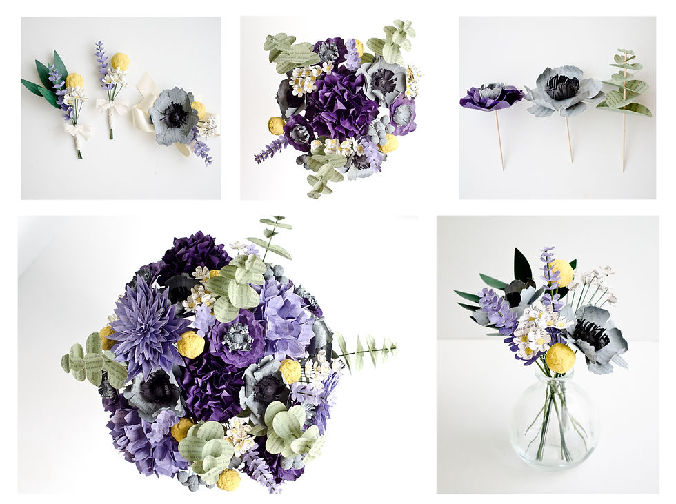 Thumbnail: Purple and yellow book lover wedding with book page bridal and bridesmaid bouquets, paper cake flowers, book page flowers