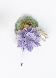 father's boutonniere made from The Odyssey pages in purple and green