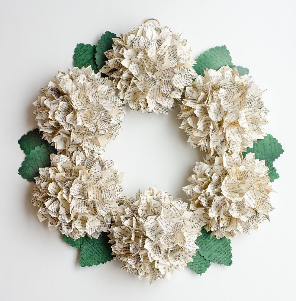 book page hydrangea wreath made from Jane Austen novels