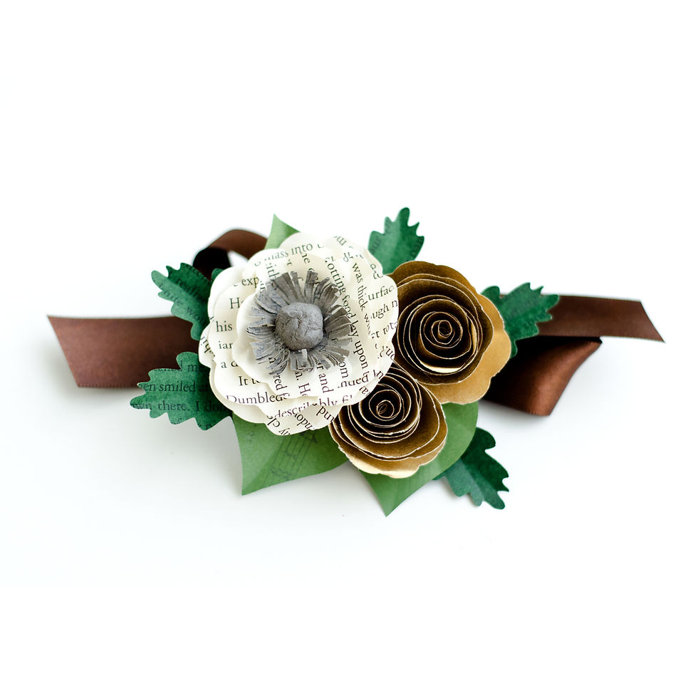 Thumbnail: custom book page woodland themed wedding corsage in brown, green and gray