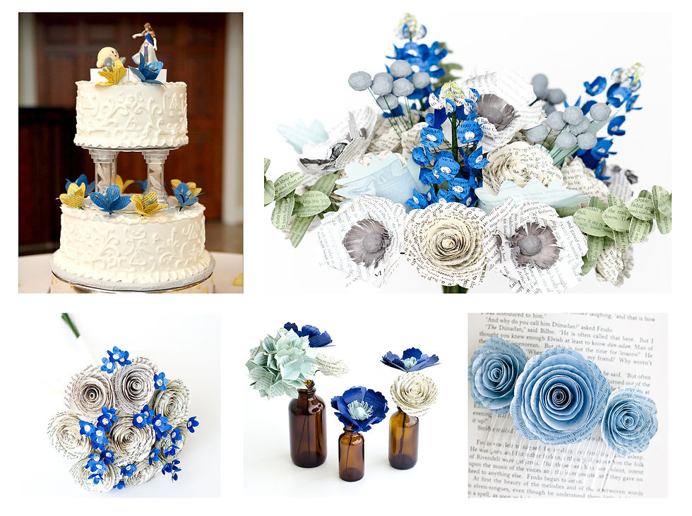 Thumbnail: a blue, mint and gray book themed wedding including bridal and bridesmaid book bouquets, cake flowers, centerpiece