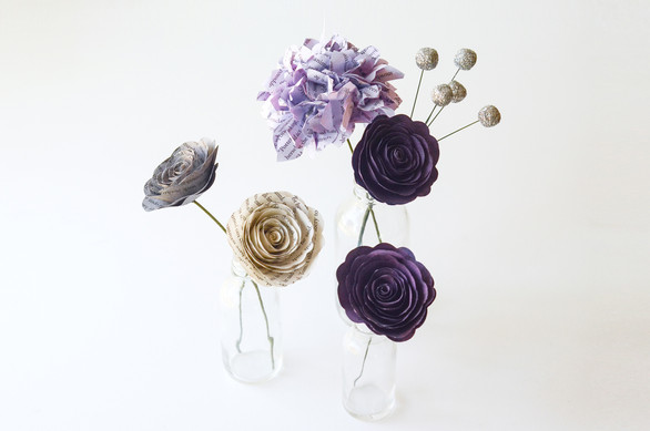 hydrangea and rose trio arrangement made from book pages