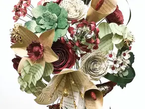 winter wildflower book page bridal bouquet in greens, deep red, ivory and gold