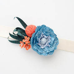 orange and teal wedding colors | book page corsage | handmade by Anthology On Main
