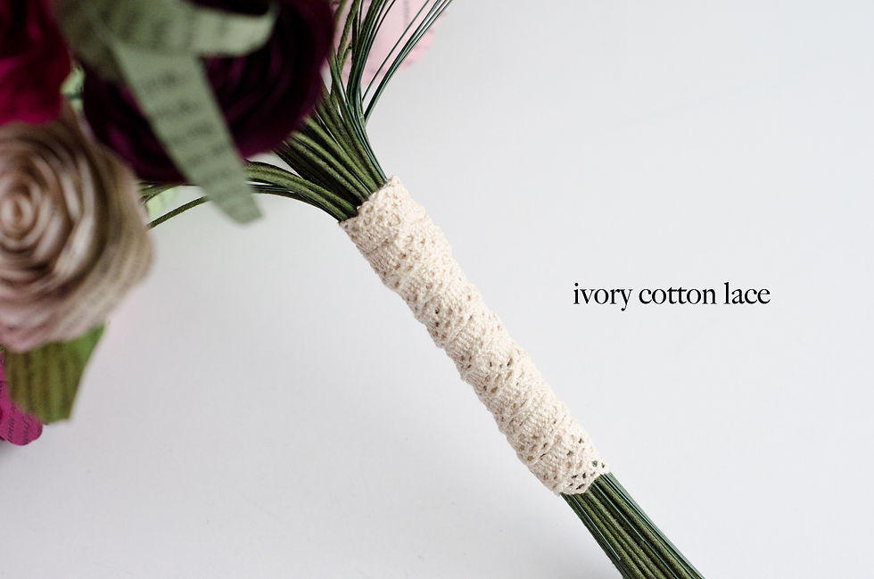 Thumbnail: Close up of bouquet stems wrapped with ivory cotton lace ribbon