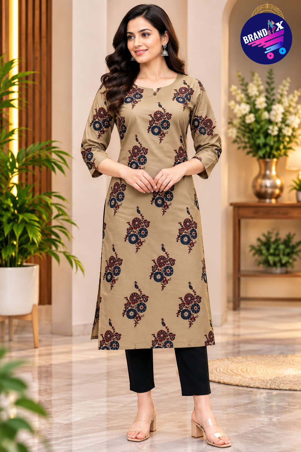 Elegant Beige Printed Kurti | 2XL TO 5XL