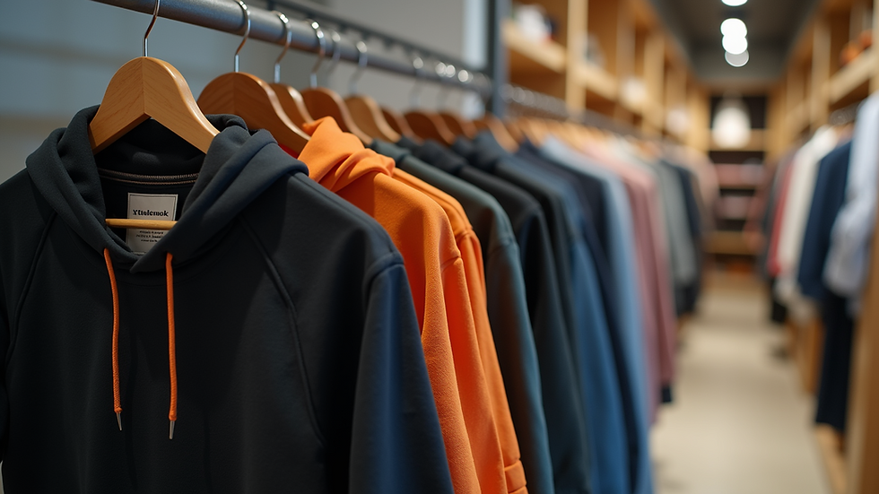 Close-up view of a vibrant athleisure outfit hanging on a display