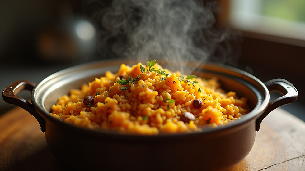 Eye-level view of a pot of Nigerian jollof rice with spices