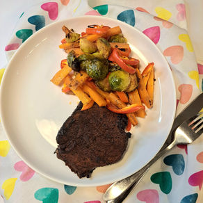 Delicious Autumn Recipe: Honey Roasted Brussels Sprouts and Carrots served with Steak