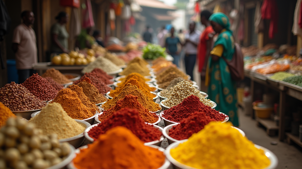 Wide angle view of a vibrant Nigerian market filled with spices and fresh produce