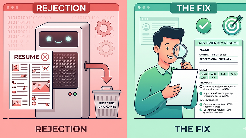 A conceptual split-screen image illustrating why resumes get rejected versus how to fix them. The left side shows a chaotic, graphical resume being scanned and rejected by a robotic ATS machine, leading to a bin of rejected applicants. The right side shows a smiling human recruiter reviewing a clean, single-column, ATS-friendly resume that successfully parsed key sections like skills, projects, and achievements.
