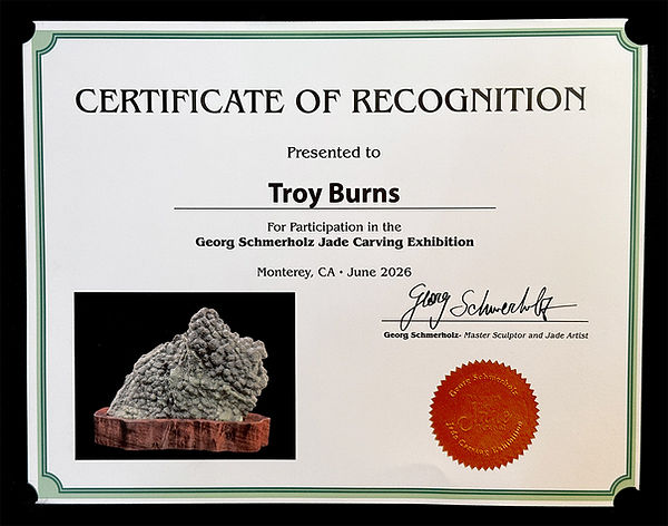 Certificate of Recognition to Troy Burns Jade Carving Exhibition 2026