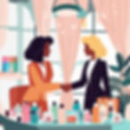 Two classy women shaking hands in a business meeting surrounded by beauty products .jpg