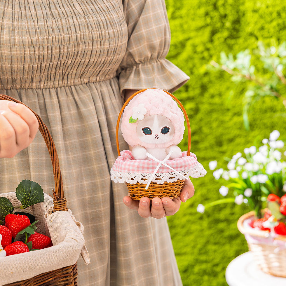 Thumbnail: Mofusand Merci Strawberry Stuffed Animal in a Basket (Pink Strawberry)