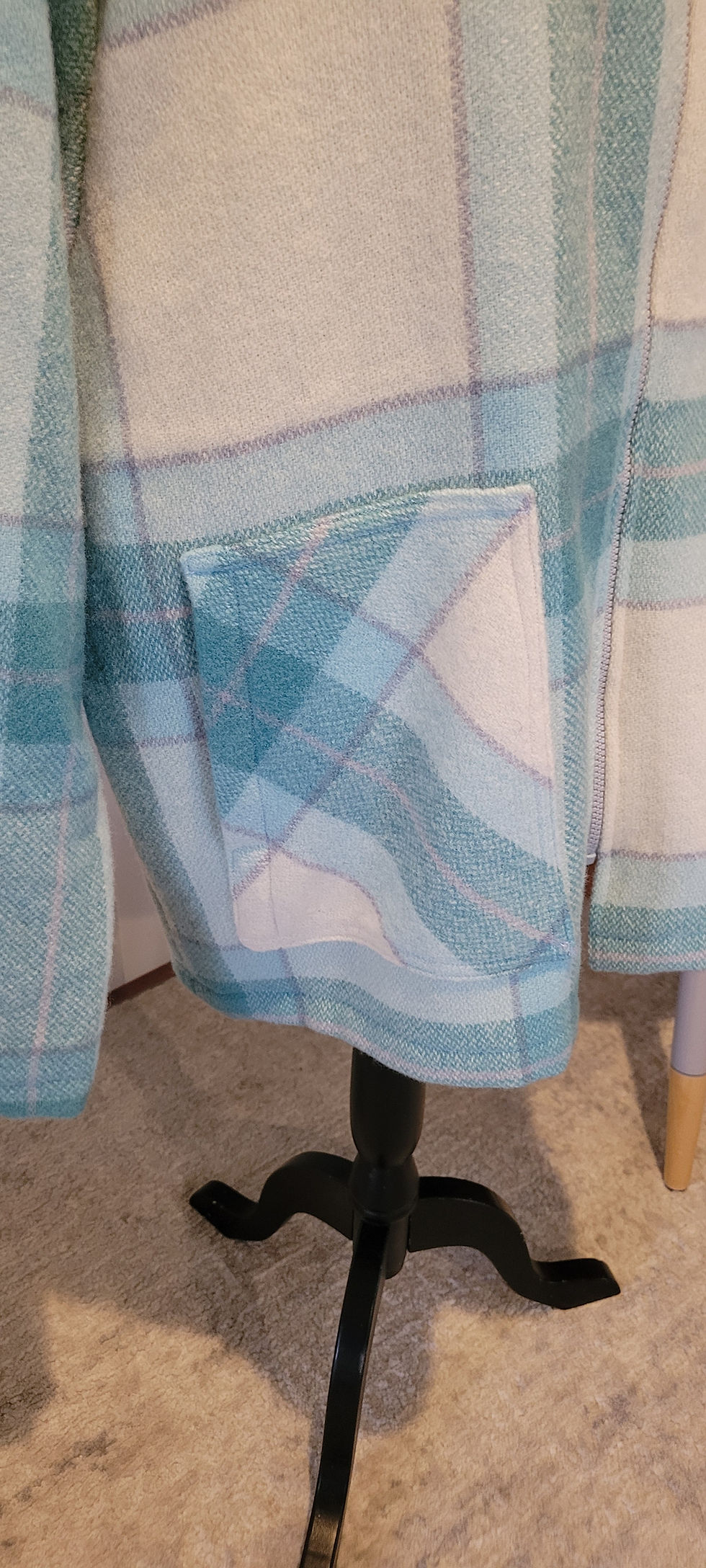 Thumbnail: Close-up of Charlie Coat pocket in blue plaid pattern