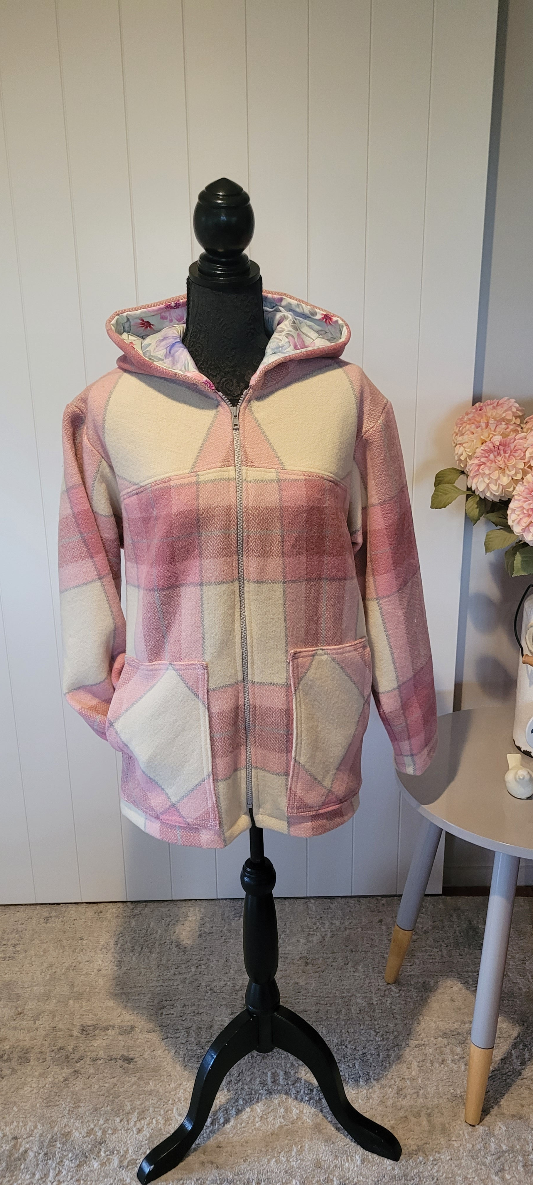 Pink and cream plaid Charlie Coat on a mannequin